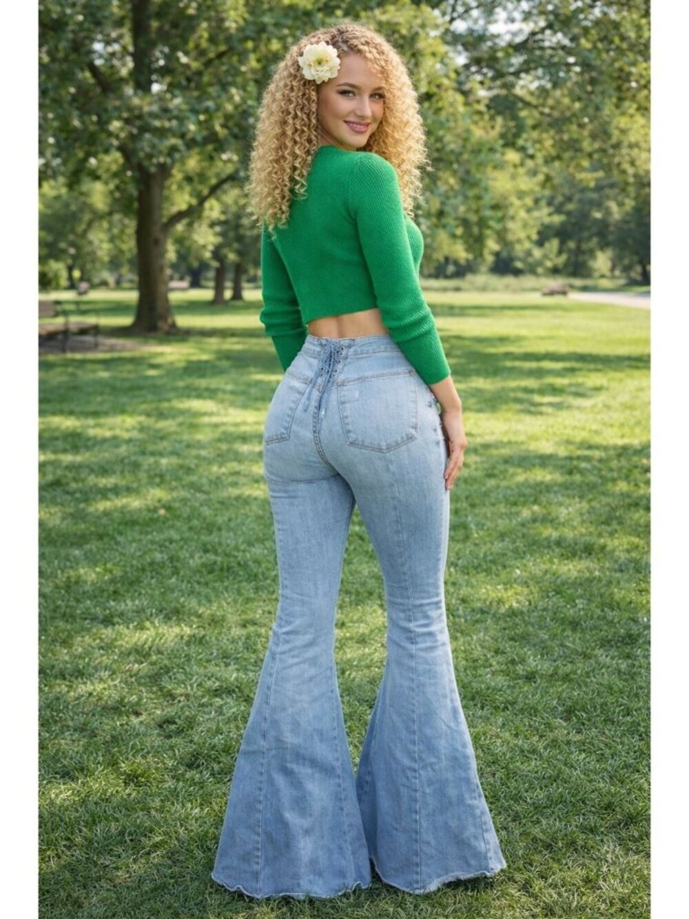 High-Rise Light Wash Flared Bell-Bottom Jeans With Lace-Up Back And Raw Hem